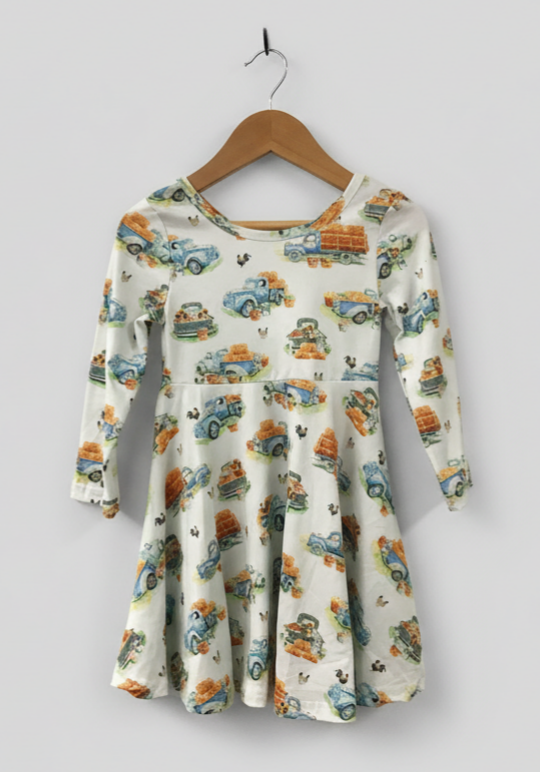 Girls’ Fall Farm Truck Dress – Long Sleeve Harvest Outfit with Hay Bale & Animal Print