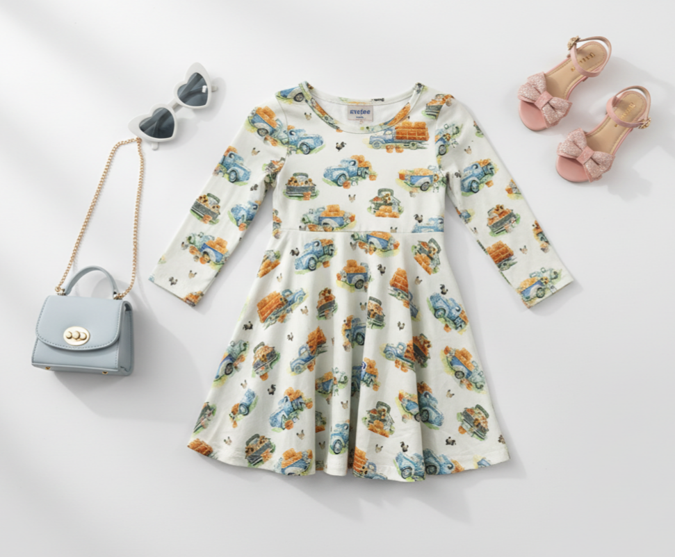Girls’ Fall Farm Truck Dress – Long Sleeve Harvest Outfit with Hay Bale & Animal Print