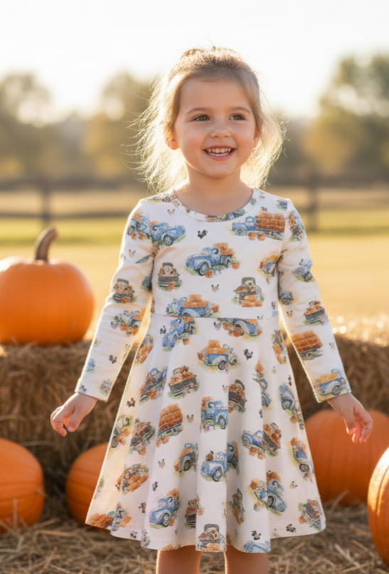 Girls’ Fall Farm Truck Dress – Long Sleeve Harvest Outfit with Hay Bale & Animal Print