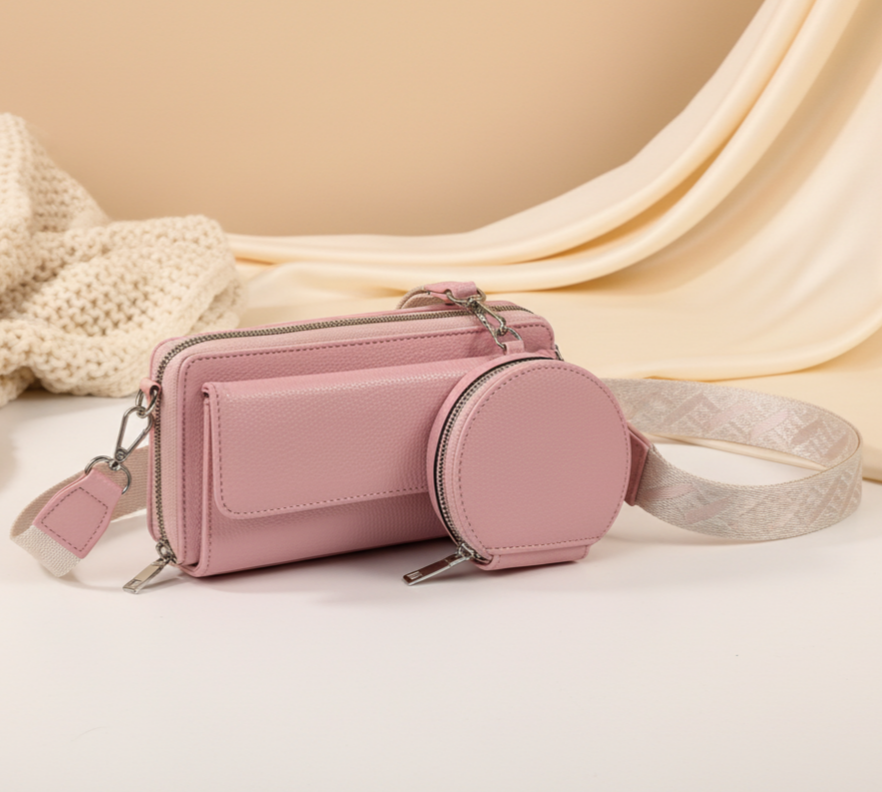 Vegan Leather Woven Crossbody Bag – Textured Dual-Pouch Sling with Adjustable Strap in Lilac