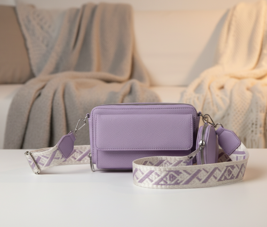 Vegan Leather Woven Crossbody Bag – Textured Dual-Pouch Sling with Adjustable Strap in Lilac