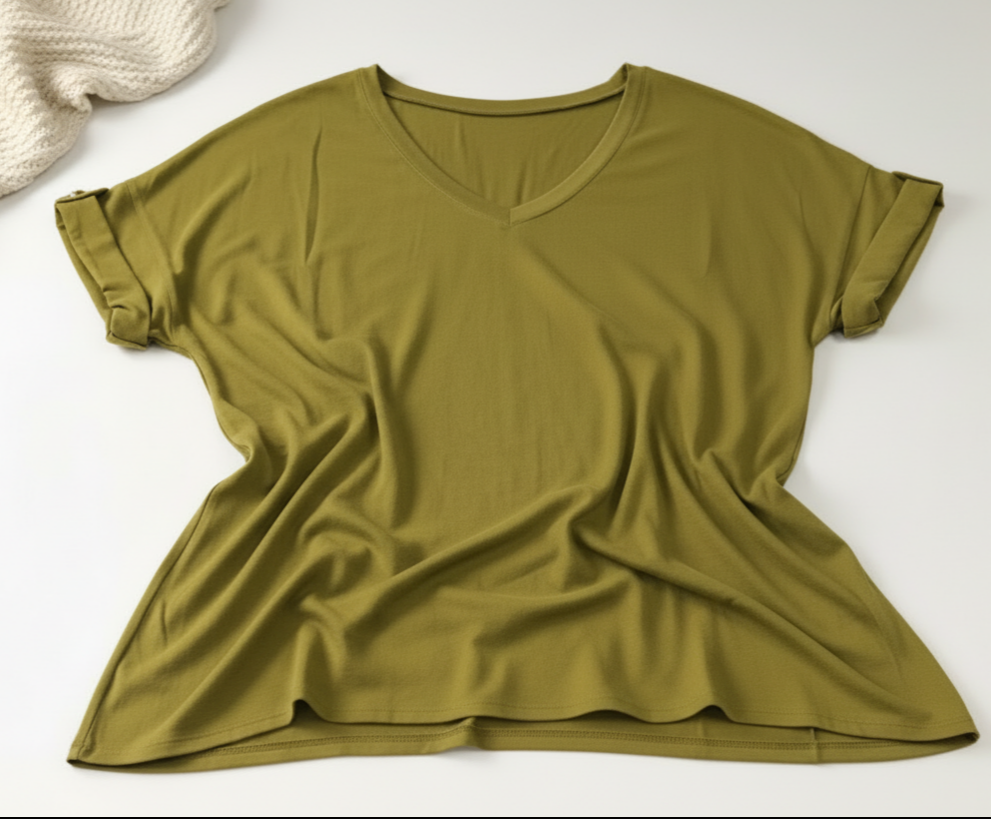 Plus Size Mustard V-Neck Tunic Top – Short Sleeve Side Slit Blouse for Casual & Layered Styling