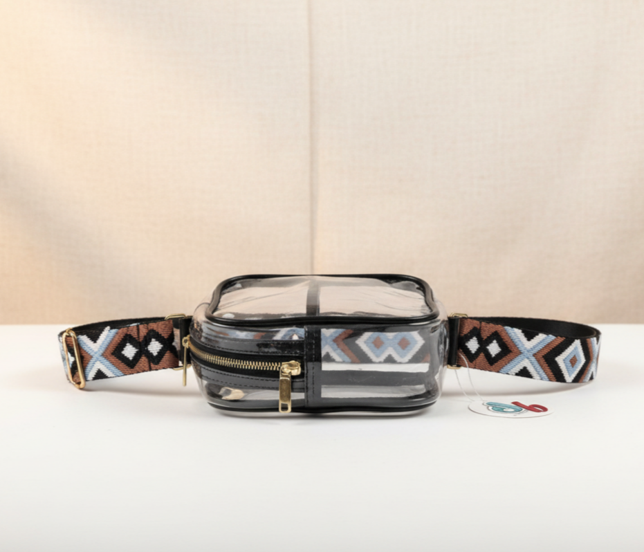 Clear Sling Crossbody Bag – Transparent Everyday Purse with Patterned Guitar Strap & Gold Hardware