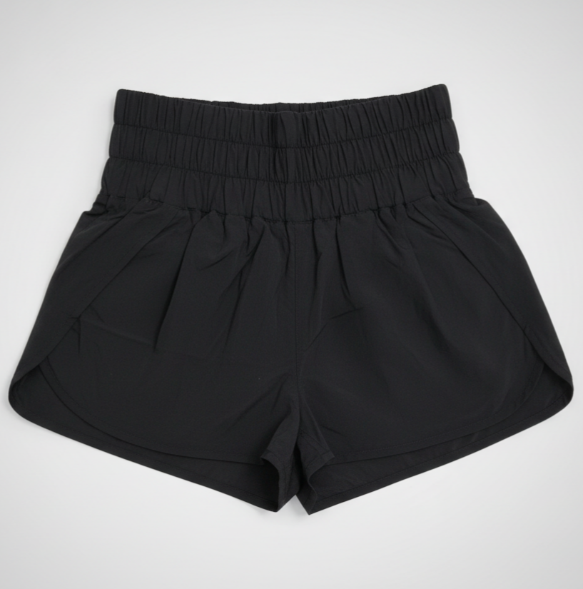 Women’s Black High-Waisted Track Shorts – Lightweight Lined Activewear with Pockets & Curved Hem