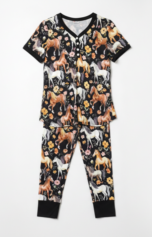Women’s Horse Print Jogger Pajama Set – Short Sleeve Button-Up Top & Cuffed Pants Sleepwear
