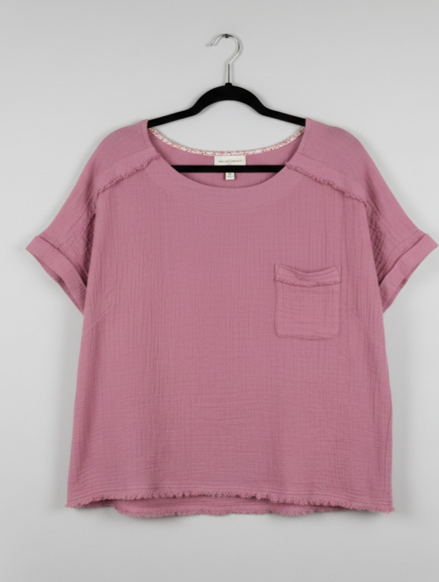 Women’s Mauve Cotton Gauze Boxy Top – Frayed Hem Short Sleeve Blouse with Pocket & Washed Texture