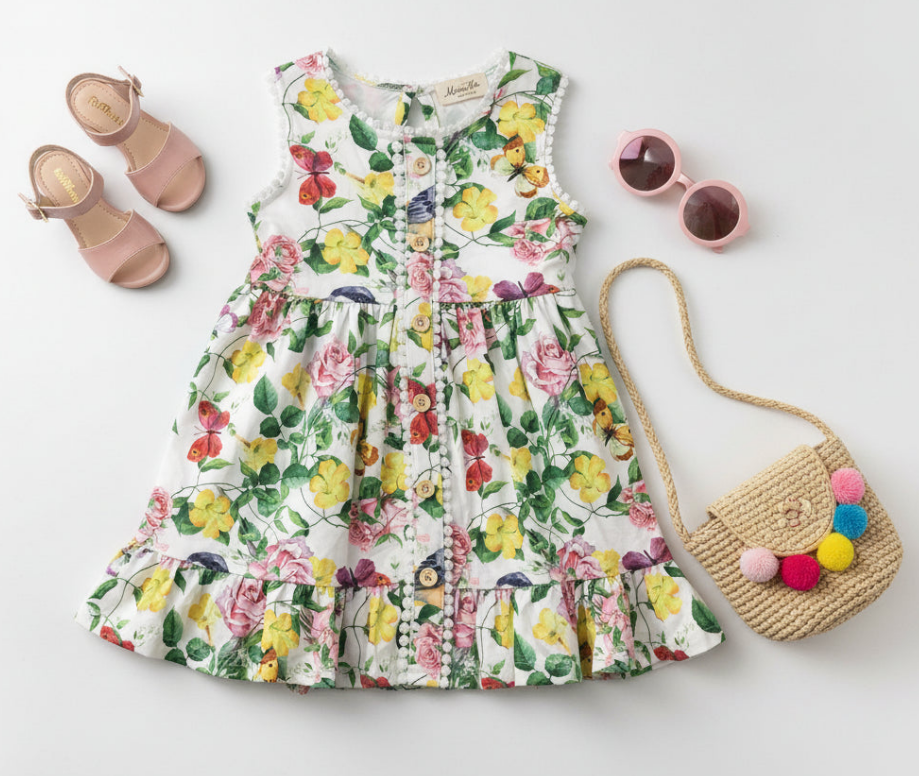 Girls’ Butterfly Print Pom Pom Dress – Sleeveless Button-Front Summer Outfit with Floral Pattern