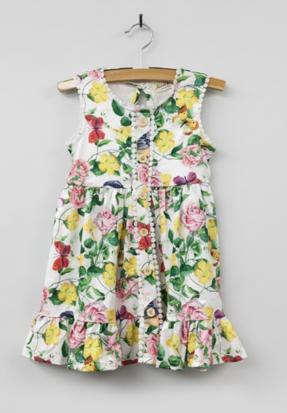 Girls’ Butterfly Print Pom Pom Dress – Sleeveless Button-Front Summer Outfit with Floral Pattern