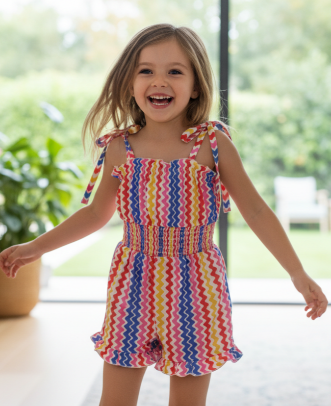 Summer Zings Smock RomperGirls’ Zigzag Smocked Summer Romper – Colorful Sleeveless One-Piece with Ruffle Legs & Elastic Bodice