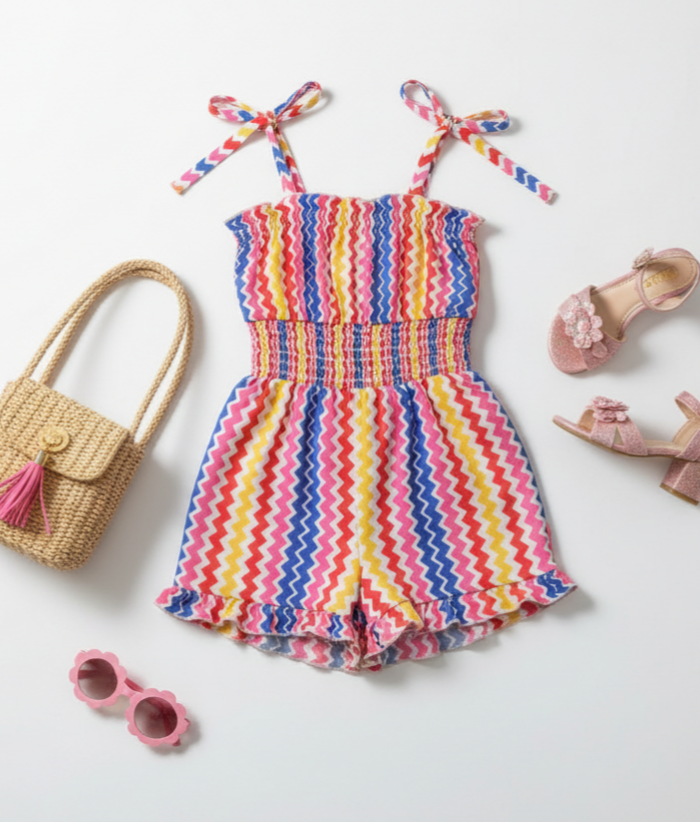Summer Zings Smock RomperGirls’ Zigzag Smocked Summer Romper – Colorful Sleeveless One-Piece with Ruffle Legs & Elastic Bodice