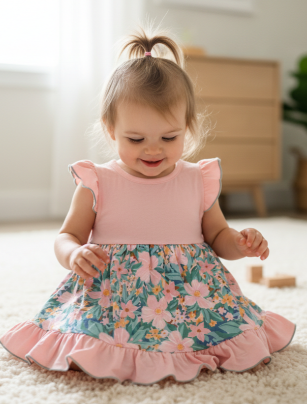 Girls’ “Pretty Petals” Tiered Ruffle Dress – Pink Bodice & Floral Skirt with Teal Bloom Print