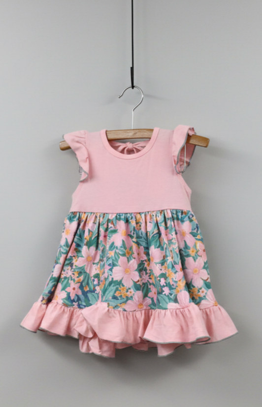 Girls’ “Pretty Petals” Tiered Ruffle Dress – Pink Bodice & Floral Skirt with Teal Bloom Print