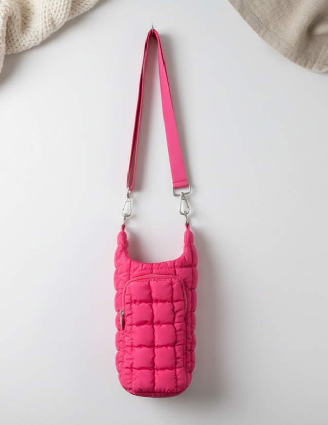 Quilted Puffer Bottle Carrier – Insulated Water Bottle & Tumbler Bag with Strap & Pocket (Pink)