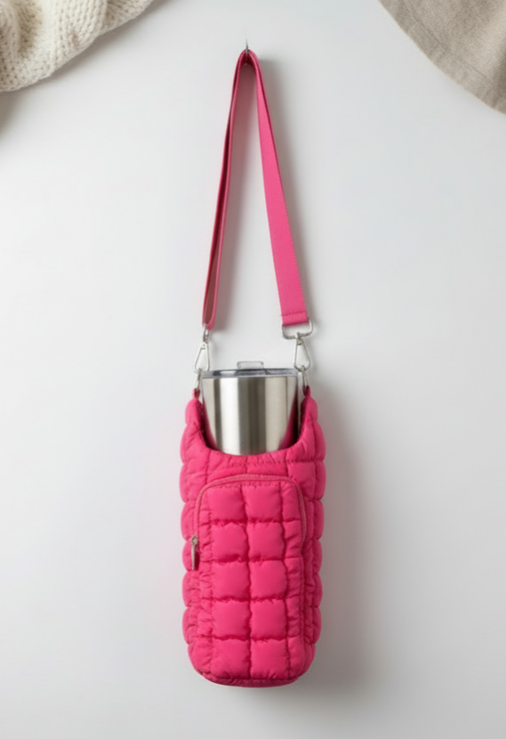 Quilted Puffer Bottle Carrier – Insulated Water Bottle & Tumbler Bag with Strap & Pocket (Pink)