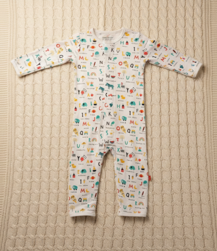 Magnetic Alphabet Print Baby Coverall – “ABC Lover” Educational One-Piece Pajamas with Easy Magnetic Closure