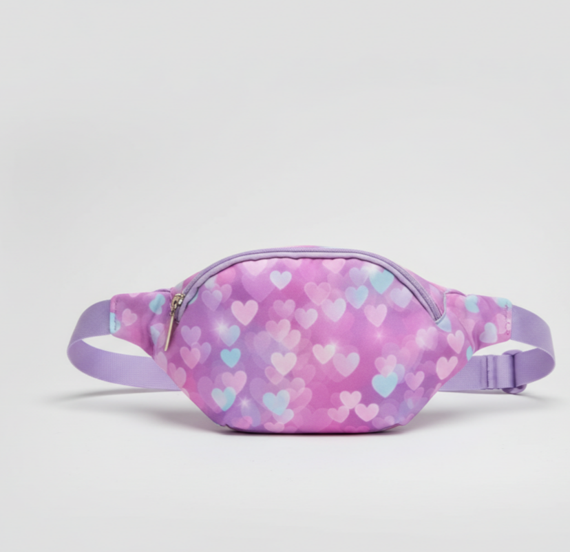 Girls’ Pastel Heart Print Fanny Pack – Adjustable Kids Belt Bag with Zipper Closure & Lavender Strap
