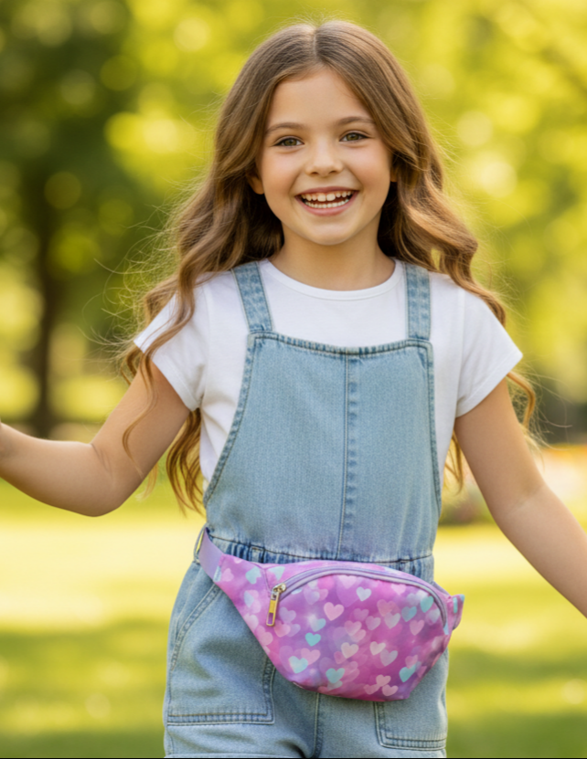 Girls’ Pastel Heart Print Fanny Pack – Adjustable Kids Belt Bag with Zipper Closure & Lavender Strap
