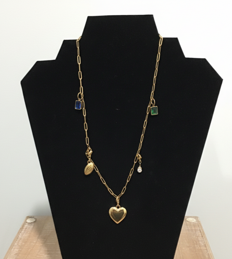 “Chanelle” Charm Bar Necklace – Gold Chain with Heart & Gemstone Pendants for Boutique Layering