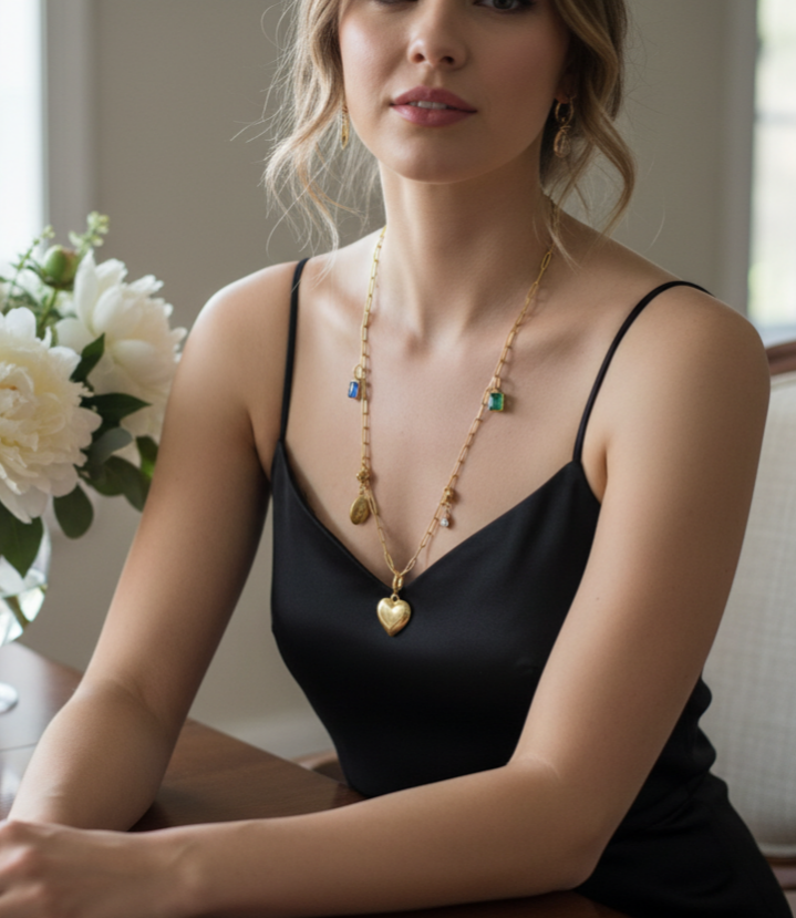 “Chanelle” Charm Bar Necklace – Gold Chain with Heart & Gemstone Pendants for Boutique Layering