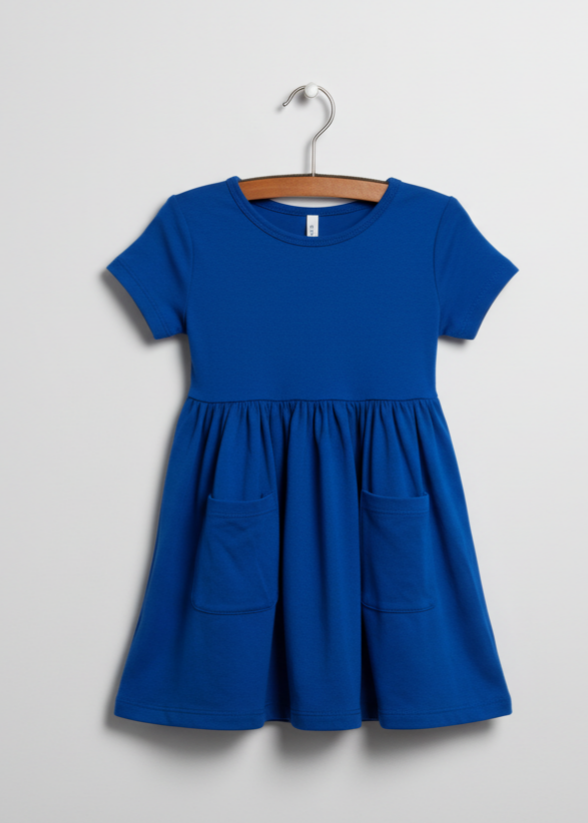 Girls’ Royal Blue Pocket Dress – 3/4 Sleeve Cotton Twirl Dress with Front Pockets & Flared Skirt