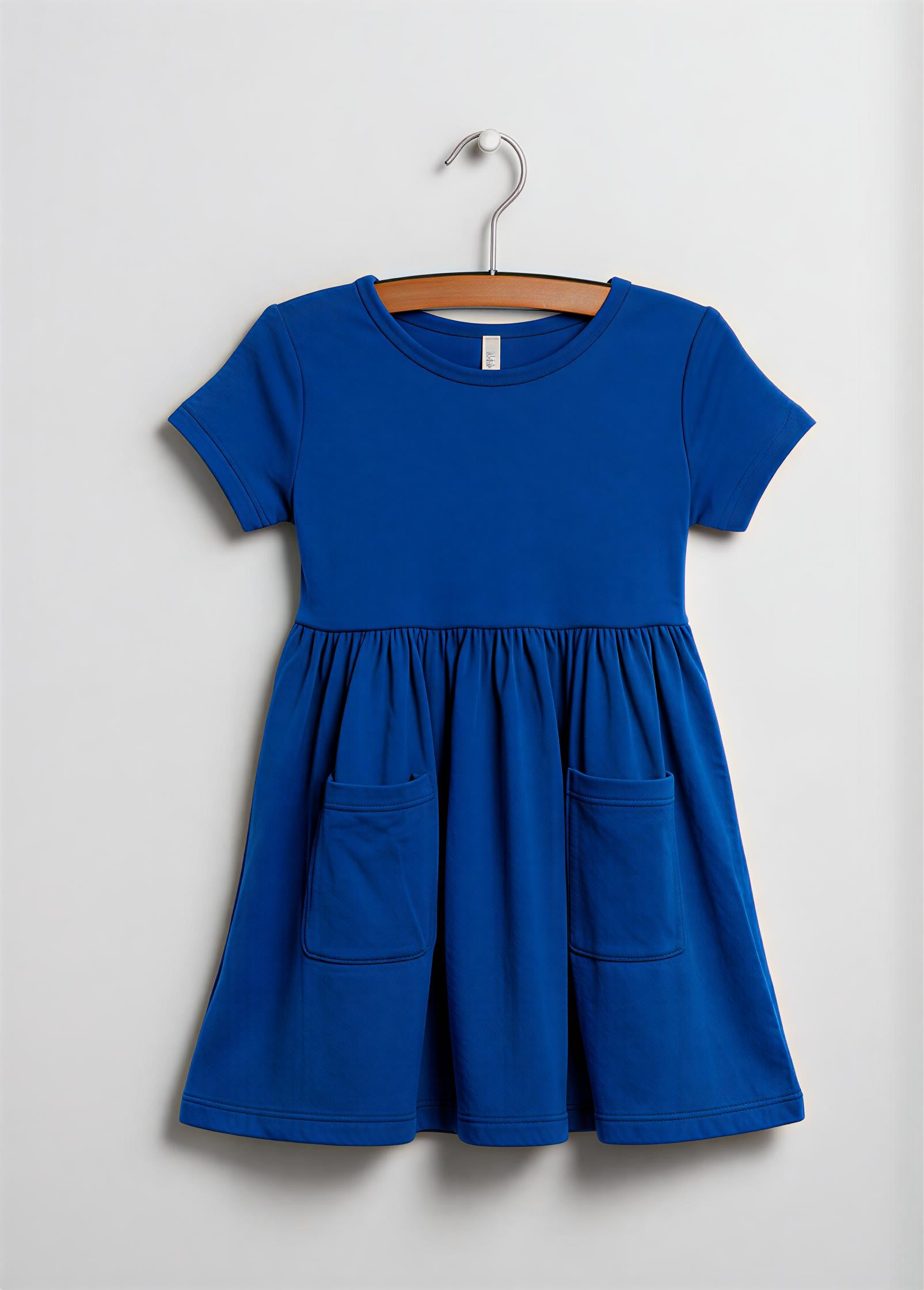 Girls’ Royal Blue Pocket Dress – 3/4 Sleeve Cotton Twirl Dress with Front Pockets & Flared Skirt