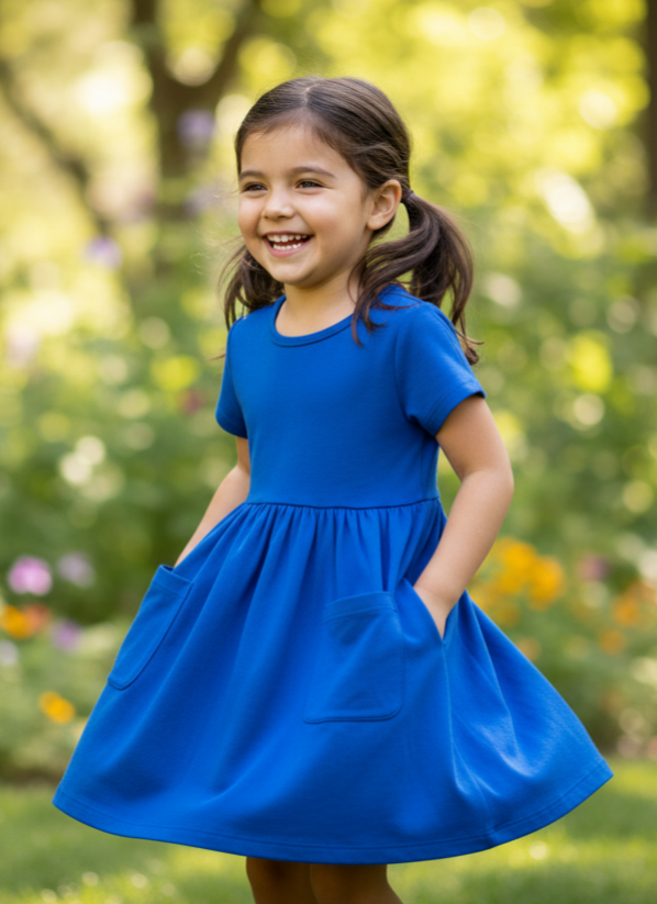 Girls’ Royal Blue Pocket Dress – 3/4 Sleeve Cotton Twirl Dress with Front Pockets & Flared Skirt