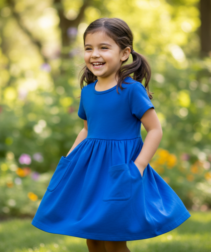 Girls’ Royal Blue Pocket Dress – 3/4 Sleeve Cotton Twirl Dress with Front Pockets & Flared Skirt