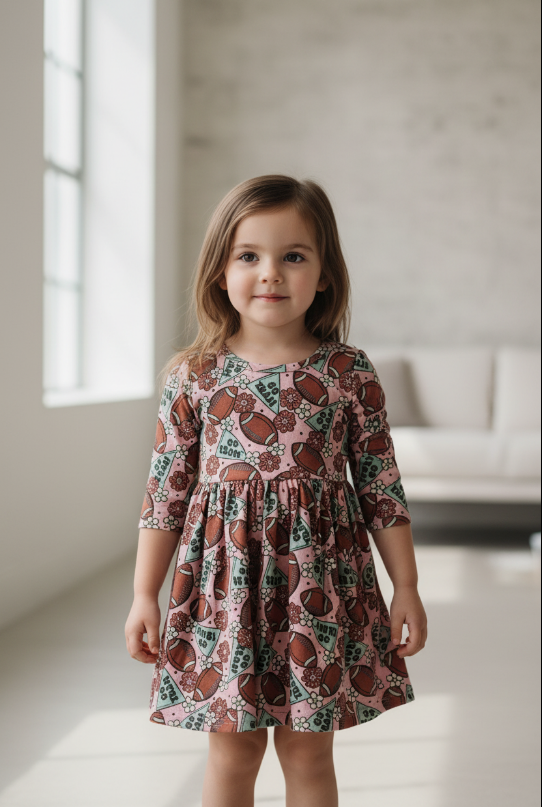Girls’ “Go Team” Football Twirl Dress – Long Sleeve Pink Game Day Outfit with Pockets & Floral Print