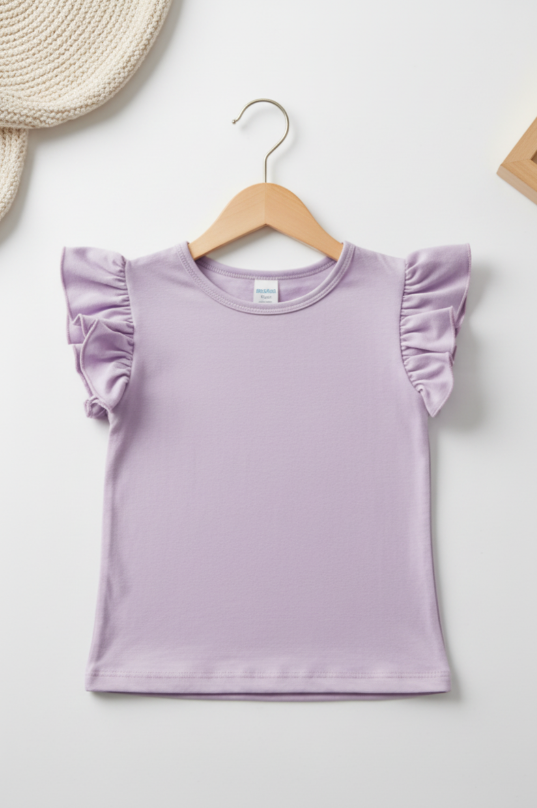 Girls’ Lavender Ruffle Sleeve Tee – Soft Cotton Short Sleeve Top for Toddlers & Kids