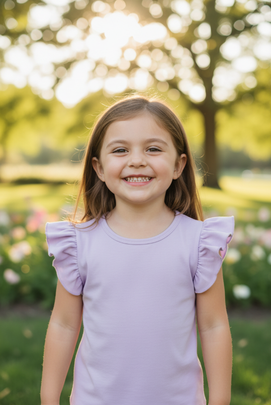 Girls’ Lavender Ruffle Sleeve Tee – Soft Cotton Short Sleeve Top for Toddlers & Kids