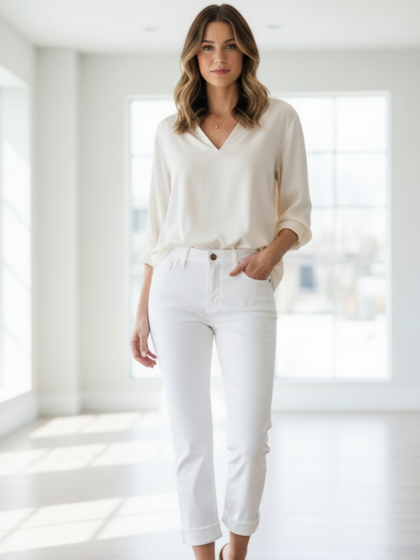 JB White Cuffed Capri Pants – High-Rise Stretch Denim Cropped Jeans for Women with Tummy Control