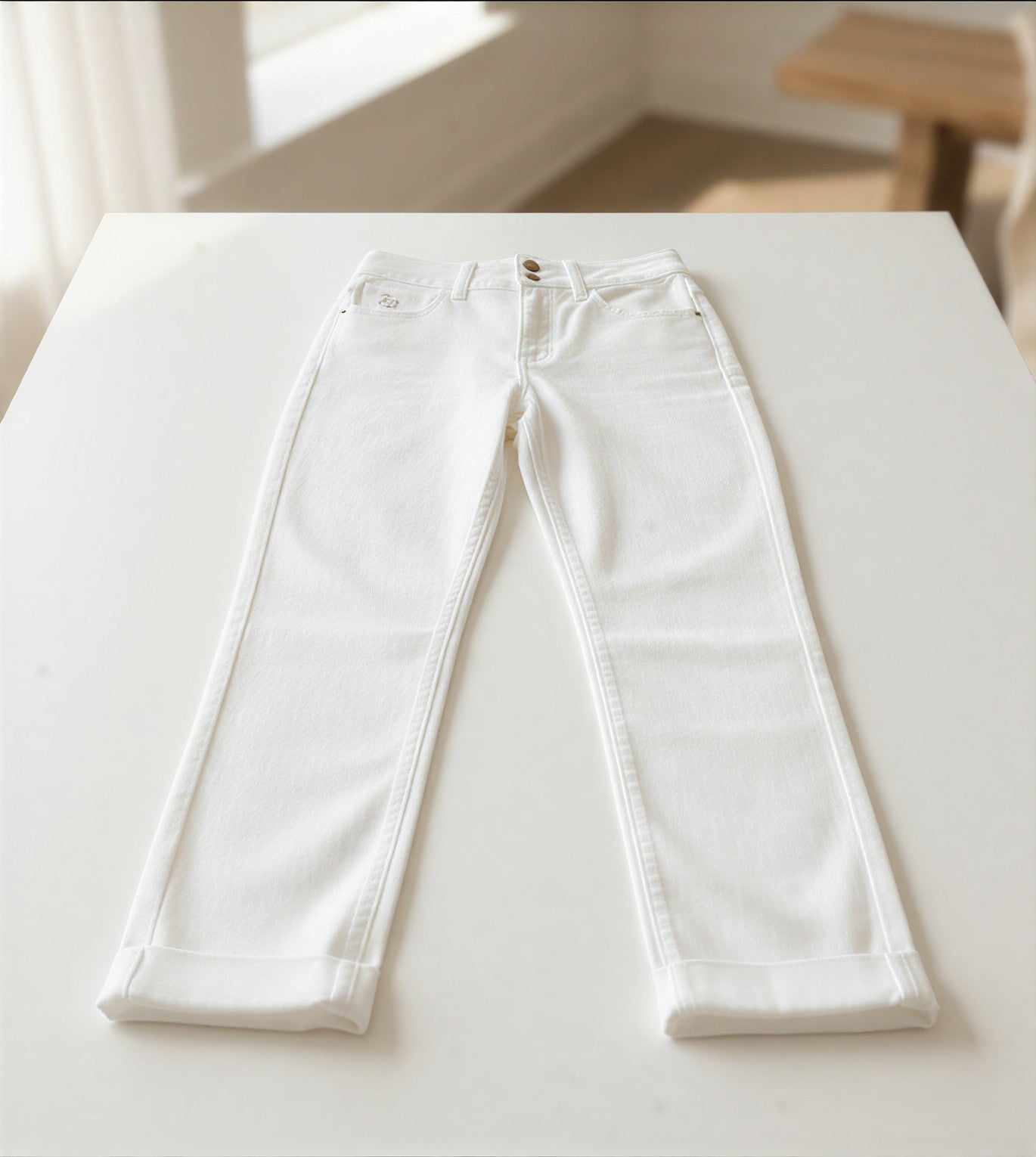 JB White Double Button Straight-Leg Jeans – High-Rise Stretch Denim with Sculpting Fit & Classic Pockets