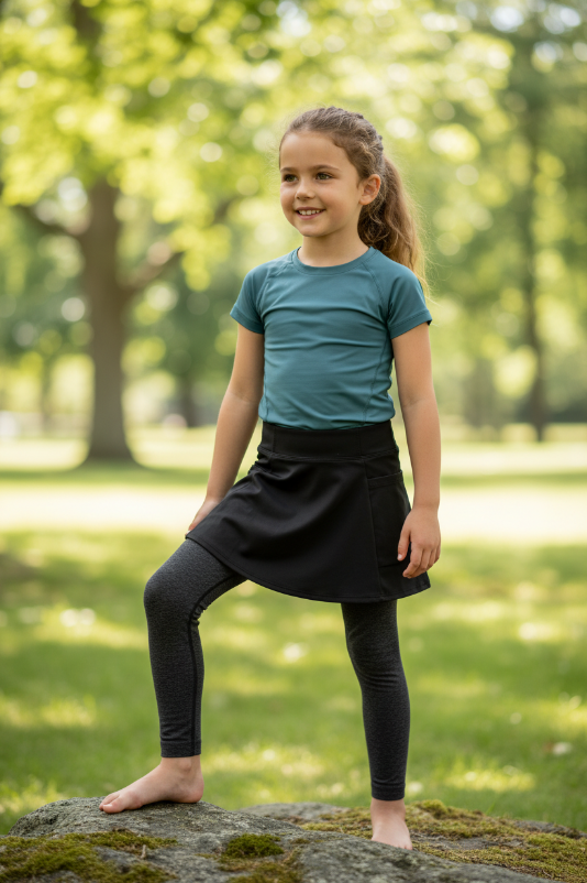 Girls’ Black/Pink Athletic Yoga Skirt – Stretch Flare Skort with Built-In Shorts for Dance, Play & Everyday Wear
