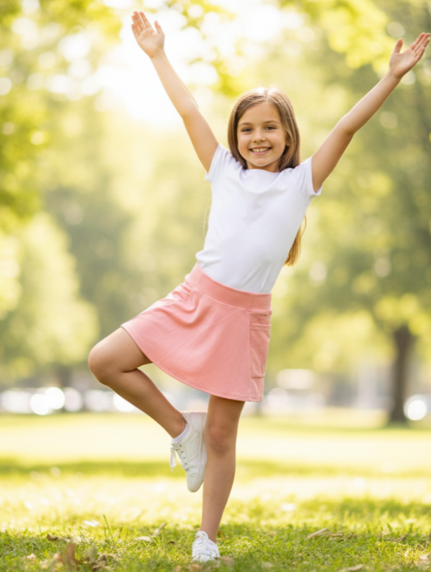 Girls’ Black/Pink Athletic Yoga Skirt – Stretch Flare Skort with Built-In Shorts for Dance, Play & Everyday Wear