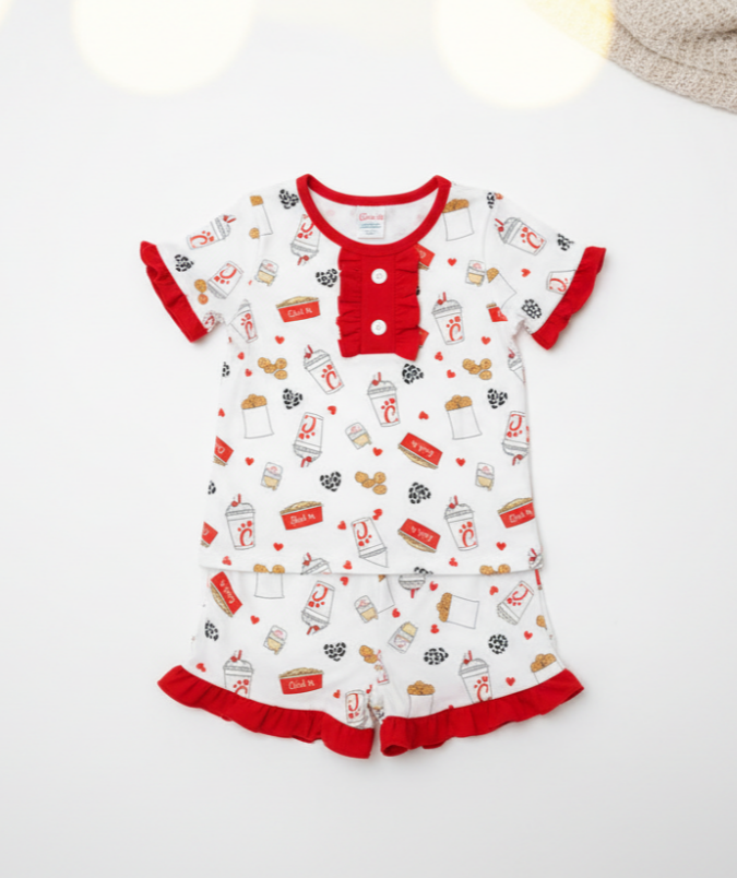 Chicken Nugget Print Toddler Pajama Set – Chick-Inspired Short Sleeve PJS with Ruffle Trim & Fast-Food Theme