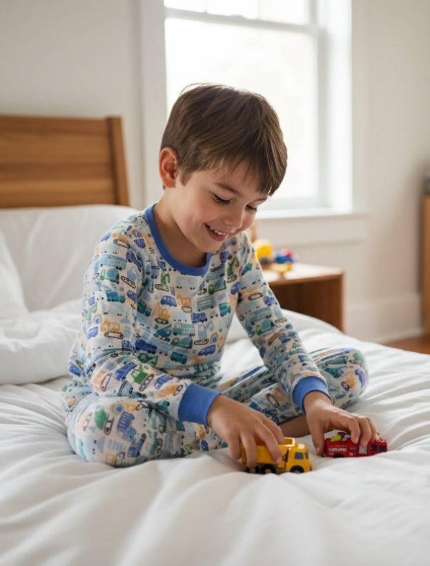 MM “As Truck Would Have It” Pajama Set – Long Sleeve Toddler PJs with Colorful Vehicle Print & Cozy Cuffs