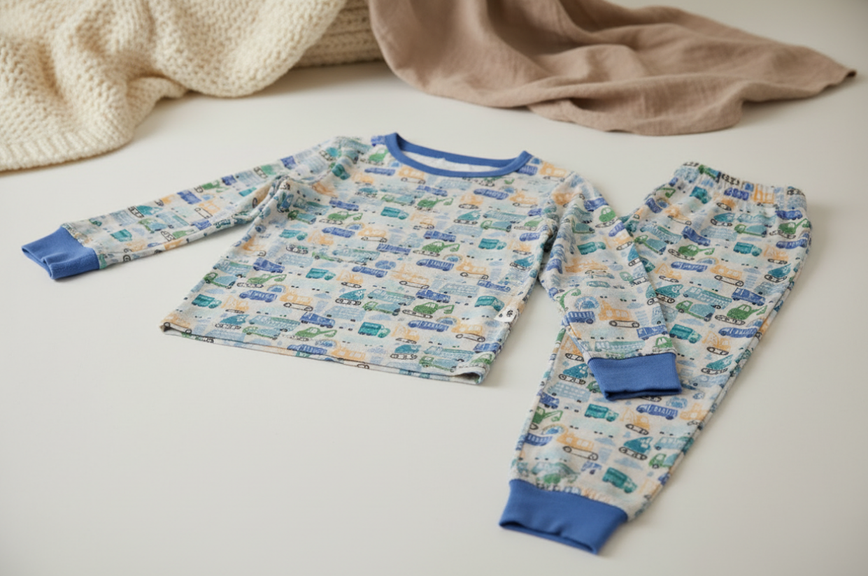 MM “As Truck Would Have It” Pajama Set – Long Sleeve Toddler PJs with Colorful Vehicle Print & Cozy Cuffs