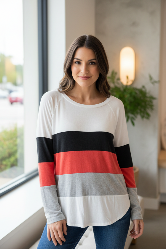 Ivory Multi Color Block Long Sleeve Top – Soft Knit Casual Pullover for Women with Modern Stripe Design