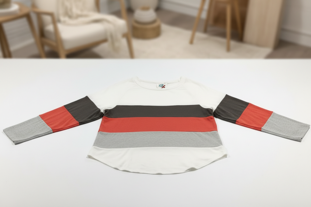 Ivory Multi Color Block Long Sleeve Top – Soft Knit Casual Pullover for Women with Modern Stripe Design