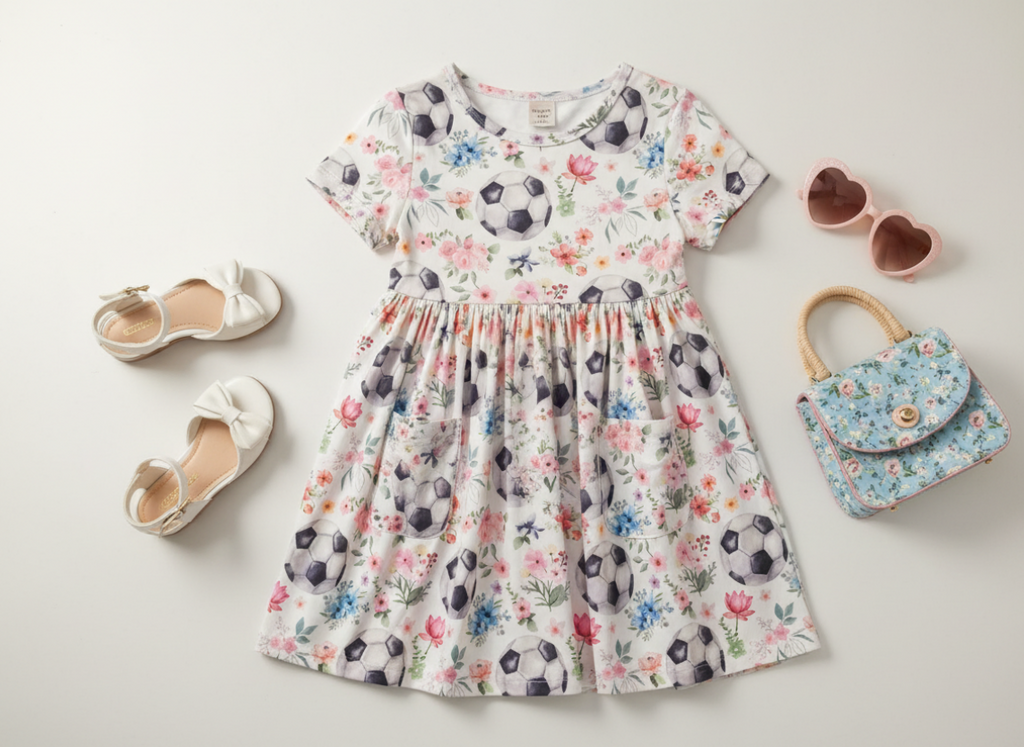 Girls’ “Soccer Sweetie” Twirl Dress – Short Sleeve Floral Soccer Print Outfit with Flared Skirt & Playful Charm