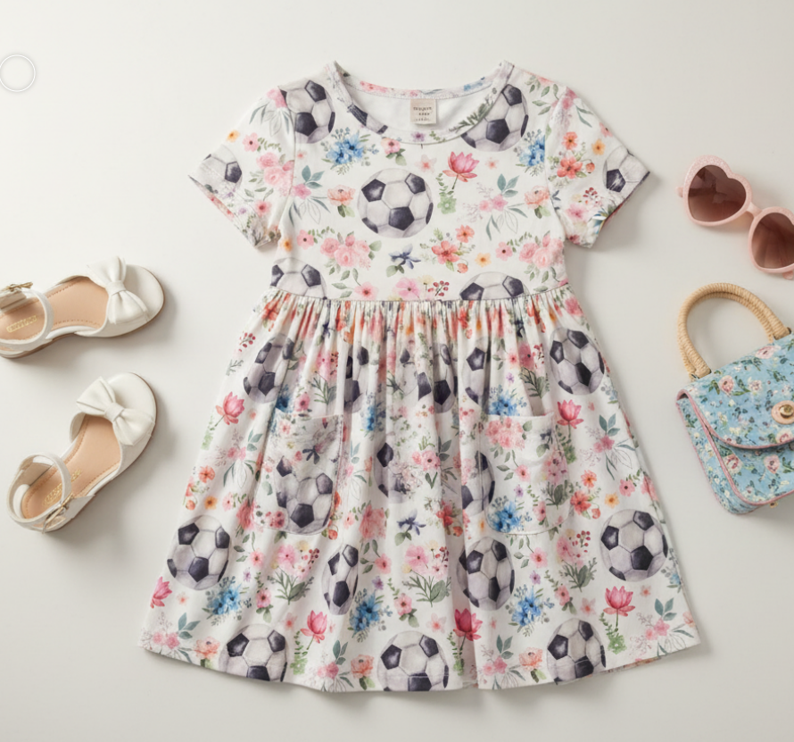 Girls’ “Soccer Sweetie” Twirl Dress – Short Sleeve Floral Soccer Print Outfit with Flared Skirt & Playful Charm