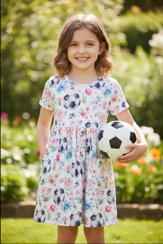 Girls’ “Soccer Sweetie” Twirl Dress – Short Sleeve Floral Soccer Print Outfit with Flared Skirt & Playful Charm