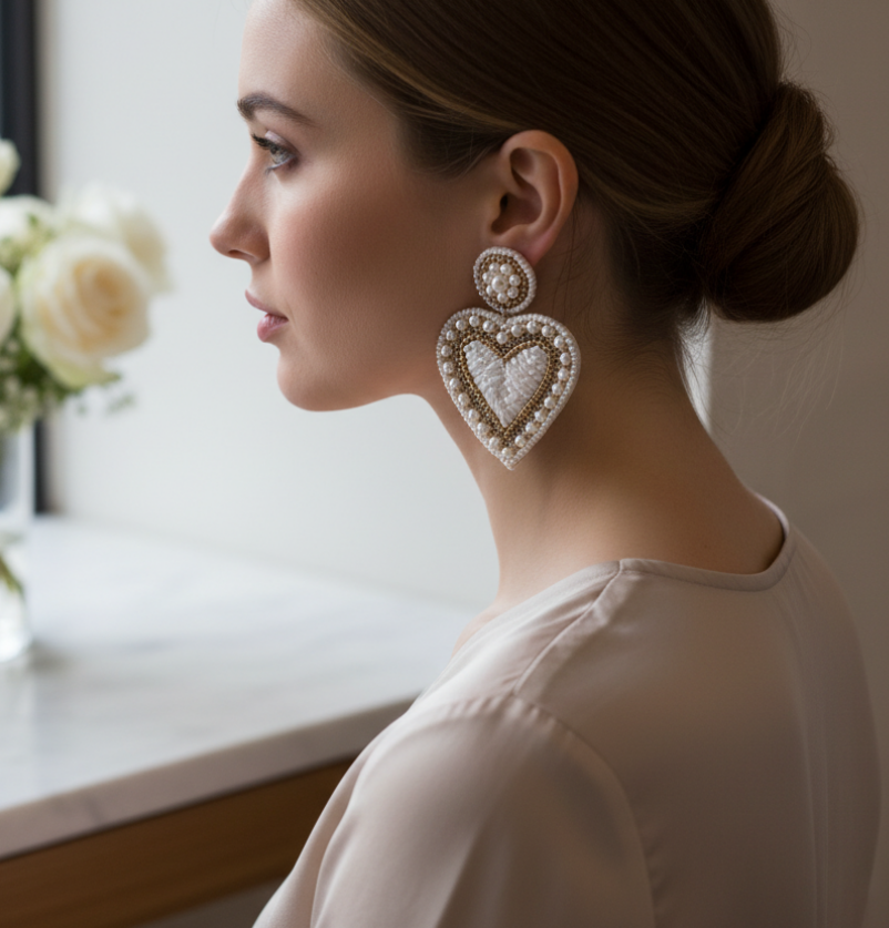 Filled with Love Beaded Heart Earrings – Pearl & Gold Statement Drops for Women’s Boutique Gifting & Glam