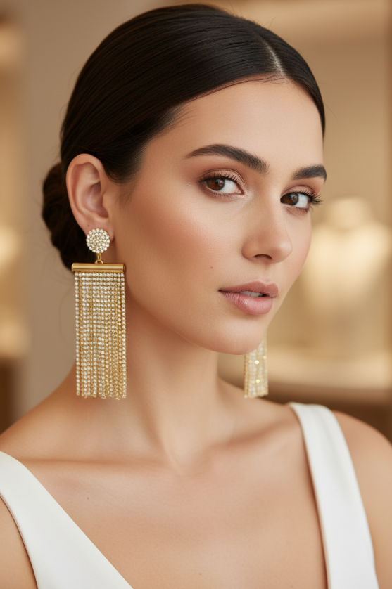 Big Entrance Gold Rhinestone Fringe Earrings – Glam Statement Drops for Women’s Events, Parties & Boutique Gifting
