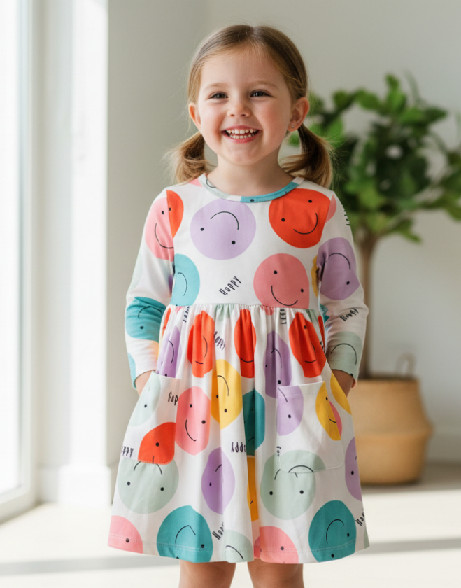Happy Days Smiley Face Twirl Dress – Girls’ 3/4 Sleeve Pocket Dress with Colorful Print & Flared Skirt