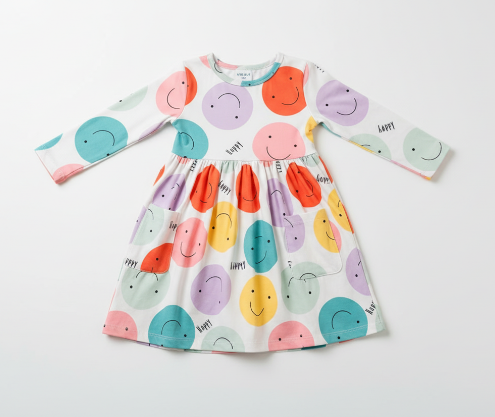 Happy Days Smiley Face Twirl Dress – Girls’ 3/4 Sleeve Pocket Dress with Colorful Print & Flared Skirt