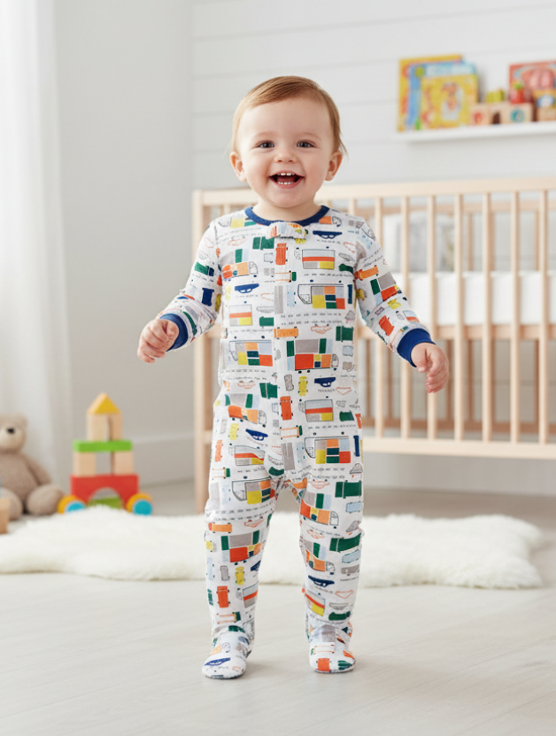 MM “Traffic Jammies” Magnetic Footie – Baby Boy One-Piece Pajamas with Vehicle Print & Easy Magnetic Closure