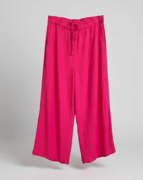 Hot Pink Linen Wide-Leg Pants with Pockets – Lightweight Cropped Trousers for Women’s Summer & Resort Style