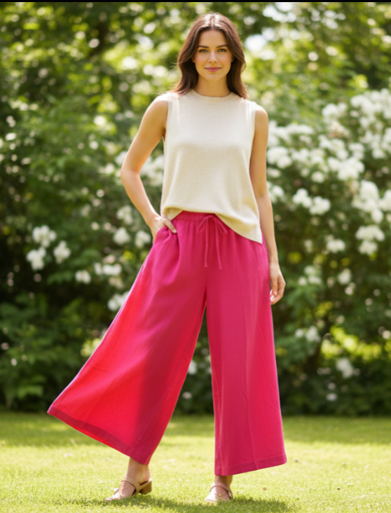 Hot Pink Linen Wide-Leg Pants with Pockets – Lightweight Cropped Trousers for Women’s Summer & Resort Style