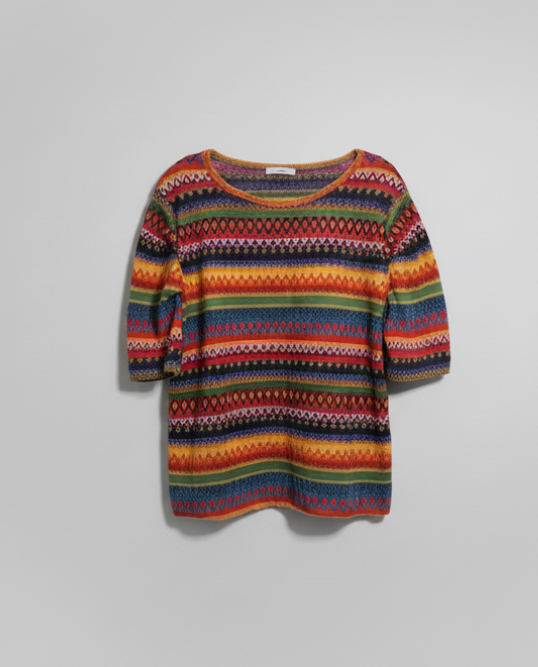 Women’s Jacquard Puff Sleeve Top – Multicolor Geometric Print Statement Blouse with Boho Festival Vibes